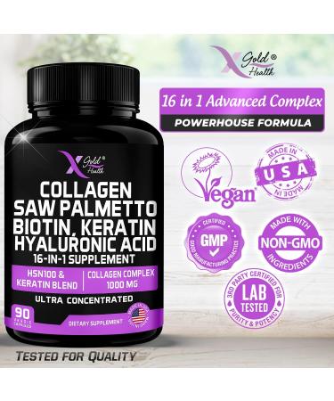 16-in-1 Beauty Supplement with Collagen, Saw Palmetto, Biotin, Keratin & Hyaluronic Acid - Hair Skin & Nail Growth - 90 Capsules - Buy Online on GoSupps.com