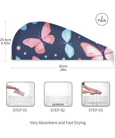 Blue Pink Butterfly Hair Towel 2 Pack - Super Absorbent Quick Dry Turbans for Women & Girls - Buy Online on GoSupps.com