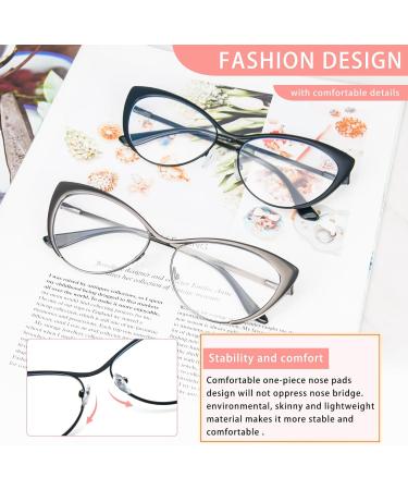 Kokobin Cat Eyes Reading Glasses - 2 Pack Metal Frame Anti-Blue Light Spring Hinge - Stylish Reading Glasses for Men & Women (Black & Gray) - 2 Diopters - Buy Online on GoSupps.com