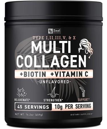 Premium Multi Collagen Peptides Protein Powder (1, 2, 3, 5 & 10) with Vitamin C, Biotin, Hyaluronic Acid, for Hair Skin and Nails - Marine, Bovine, Chicken & Eggshell (Unflavored, 45 Servings) Unflavored 45 Servings (Pack