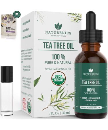 Naturenics Tea Tree Essential Oil-100% USDA Organic Melaleuca Alternifolia Therapeutic Grade- Natures Solution For Acne, Toenail, Lice, Hair, Face, Skin Problems-Roll On & eBook-1 Fl Oz