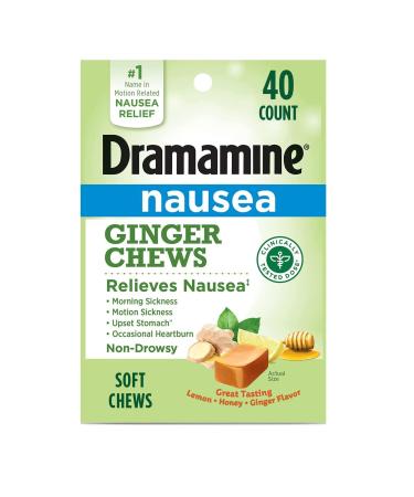 Dramamine Ginger Chews Relieves Nausea Lemon-Honey-Ginger Flavor 40 Soft Chews