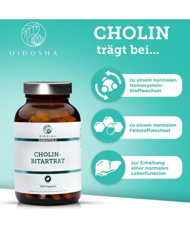 QIDOSHA Cholin Bitartrate Capsules - 630mg 180 Vegan Capsules | High Dose Lab Tested German Quality - Shop Now! - Buy Online on GoSupps.com