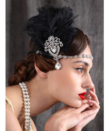 SWEETV 1920s Black Feather Headpiece with Ostrich Feathers and Crystals | Great Gatsby Hair Accessories for Women - Buy Online on GoSupps.com