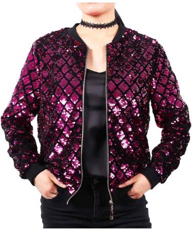 Women's Casual Winter Long-Sleeve Coat Round-Neck Hoodless Sequin Jacket Hot Pink Large - Buy Online on GoSupps.com