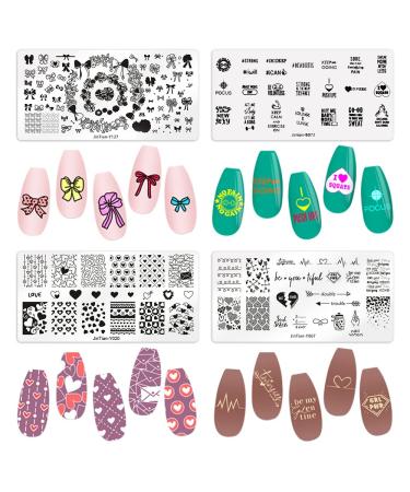 4 PCS Valentines Nail Stamping Plates Love Heart Nail Art Plates Templates Sweet Words Nail Stamper Set Flowers Bows Cherry Printing Nail Stencils Reusable Nail Art Tools Style 3: Flowers bows