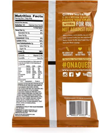 Quest Nutrition Protein Tortilla Chips Nacho Cheese 18g Protein 4g Net Carbs 150 Calories Low Carb Gluten Free Soy Free Potato Free Baked 1.2oz Bag 8 Count - Buy Online on GoSupps.com
