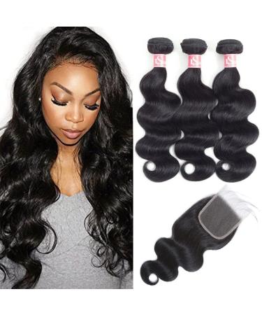 LS HAIR Body Wave Bundles with Closure Human Hair (14 16 18 with 12Free Part) 100% Unprocessed Brazilian Virgin Human Hair 3 Bundles with 4X4 Lace Closure Natural Black 14 16 18 with 12 closure natural black bund...