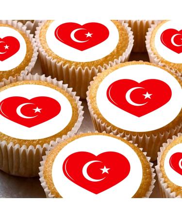 Turkish Turkey Flag hearts style 24 pre-cut edible party decorations Wafer Paper Cupcake Topper Cake