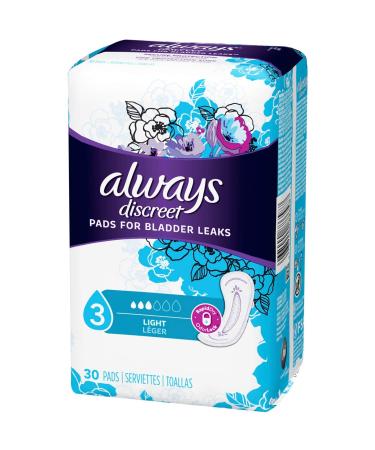 Always Discreet, Incontinence Light Pads, 3 Drops, 30 Pads each (Value Pack of 4) 30 Count (Pack of 4)