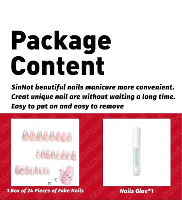 SINHOT Y2K Press on Nails - Medium Almond & Stiletto - 24pcs Pink 3D Bowknot Acrylic Fake Nails with Glue - Buy Online on GoSupps.com