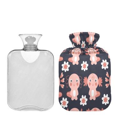 Axolotls hot water bottle with daisy motif 2 L winter heat bottle soft plush cover hand feet warmer for children men and women