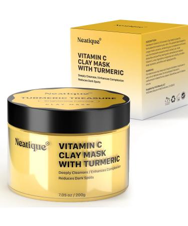 Neatique Vitamin C Clay Mask - Natural Anti-Inflammatory Facial Mask Deep Cleansing and Detox - Repairs Uneven Skin Tone Enhances Complexion and Reduces Dark Spots - 7.04 Oz