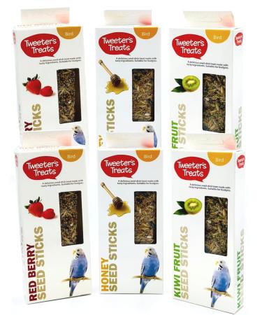 6 PACK MIXED VARIETY TWEETERS BUDGIE HANGING BIRD SEED TREAT STICKS 2PCS 100G 3 FLAVOURS