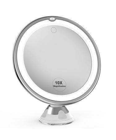 Vimdiff 10X Magnifying Mirror with Light  Makeup Mirror with Touch Control LED Lights  360 Degree Rotating Arm  and Powerful Locking Suction Cup  Mirror with Lights for Bathroom Vanity and Travel White