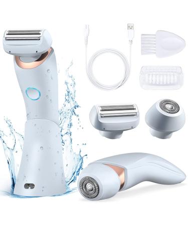 Electric Razors for Women Bikini Trimmer, 2-IN-1 Shaver for Women Arm Armpit Bikini Leg, Cordless Portable Lady Electric Shaver for Wet & Dry, Rechargeable Body Hair Removal with Detachable Head, Blue