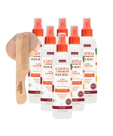 Curl Refresher Spray for Kids 8 oz - Nourishing Shea Butter & Coconut Oil Lightweight Mist for Defined Curls No Sulfates/Parabens Bundle Wooden Comb Pack of 6