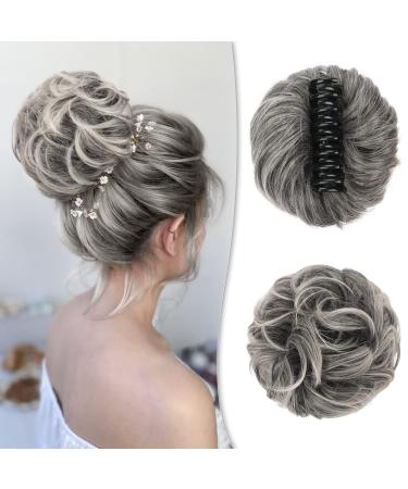 BARSDAR Claw Clip Messy Bun Hairpiece Clip in Hair Scrunchies Curly Synthetic Hair Bun Extensions for Women Ponytail Updo Hair Donut Chignon Grey mix White Evenly