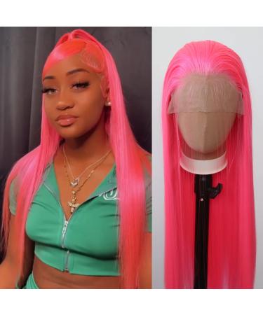 Towarm Pink Wig Long Straight Hot Pink Synthetic Lace Front Wigs Pre Plucked Natural Hairline with Baby Hair for Black Women Pastel Pink Heat Resistant Fiber Hair Cosplay Daily Wear Wig (Hot Pink)