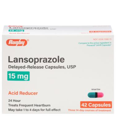 Rugby Lansoprazole Delayed Release USP 15 Mg - Acid Reducer - 24 Hour - Treats Frequent Heartburn - Three 14-Day Courses of Treatment - 42 Capsules (1-Pack) 42 Count (Pack of 1)