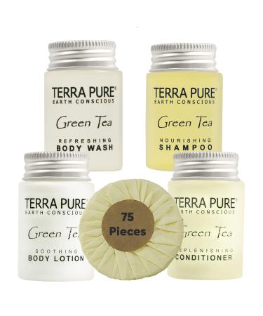 Terra Pure Hotel Soaps and Toiletries Bulk Set | 1-Shoppe All-In-Kit Amenities for Hotels | 1oz Hotel Shampoo & Conditioner, Body Wash, Body Lotion & 1.25oz Bar Soap Travel Size Toiletries | 75 Pieces