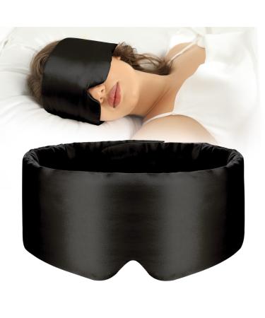 100% Mulberry Silk Sleep Mask Eye Mask for Women Man with Adjustable Band for Side Sleeper Blackout Sleep Mask for Travel Rest and Office Large Size (Black)