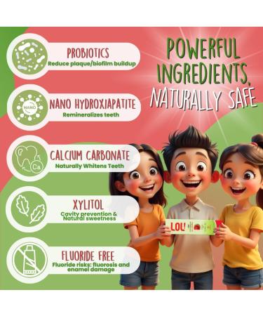 LOL Kids Toothpaste 3-Flavors Pack | Nano Hydroxyapatite Toothpaste Probiotics Vitamins A C E | Safe if Swallowed No SLS | 1 Peppermint 1 Strawberry & 1 Melon Flavor - Buy Online on GoSupps.com