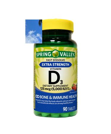 Spring Valley Extra Strength Vitamin D3 Fast Dissolve Tablets Dietary Supplement 125 mcg (5 000 IU) Strawberry Flavor 90 Count