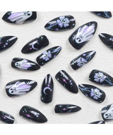 24pcs Halloween Press on Nails - Cute Ghost & Skull Designs - Short Almond Black & Purple Fake Nails for Women & Girls - Perfect Halloween Nail Art - Buy Online on GoSupps.com