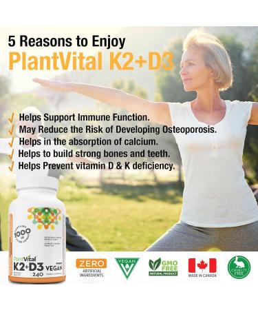 PlantVital High-Potency Vegan Vitamin D3 + K2 - (1000IU / 25 mcg + 120 mcg) for Bones Teeth Good Health and Immune System - Patented MK7 Form - K2 D3 vitamin - 8 Months Supply - 240 Capsules. 240 count (Pack of 1) - Buy Online on GoSupps.com