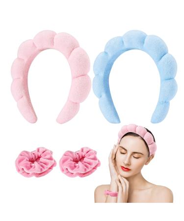 Rovtop SPA Headband for Washing Face  4Pcs Bubble Puffy Face Wash Head band and Wristbands Set for Makeup/Skincare  Non-slip Terry Towel Cloth Skin Care Make up Versed Hair Band for Women (Pink+Blue)