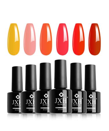 JXH Gel Nail Polish Set, Soak Off Orange Gel Polish Kit, 6 Pcs Pink Orange Brown Red Trendy Color Gel Nail Kit, Professional UV LED Nail Art Manicure for Salon Designs and Home DIY Use Orange series