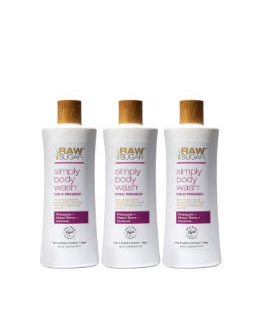 RAW SUGAR Simply Body Wash - Pineapple + Maqui Berry + Coconut Moisturizing & Brightening Bath & Shower Gel Sulfate-Free Paraben-Free & Vegan (Pack of 3)