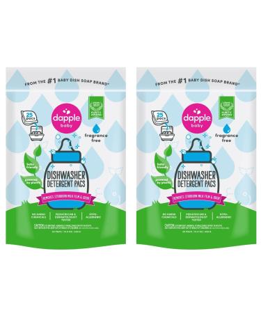 Dishwasher Detergent Pacs by Dapple Baby, 25 Count Pouch (Pack of 2), Fragrance Free, Plant Based & Hypoallergenic Dishwasher Pods - Removes Milk Residue & Odor - Dishes, Baby Bottles & Kitchenware