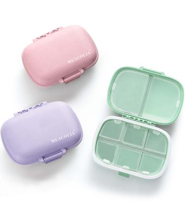 MEACOLIA 3 Pack 8 Compartments Travel Pill Organizer Moisture Proof Small Pill Box for Pocket Purse Daily Pill Case Portable Medicine Vitamin Holder Container ( Purple, Green, Pink )