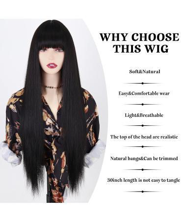 MISSQUEEN Long Black Wig with Bangs - 30 Inch Synthetic Straight Hair for Women - Buy Online on GoSupps.com
