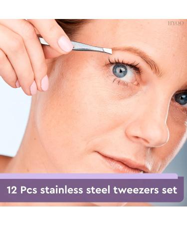 12Pcs Stainless Steel Tweezers Set - Precision Slant Tip Eyebrow Tweezers for Men and Women - Long Silver Gripper for Ingrown Hair - Facial Hair Removal Tool - Buy Online on GoSupps.com