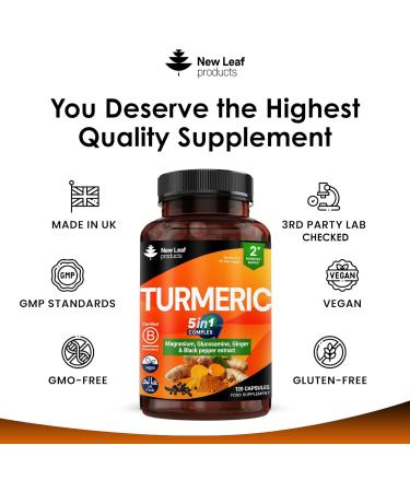 Turmeric 5-in-1 Complex - 5000mg Turmeric Capsules High Strength Enriched with Magnesium & Glucosamine Sulphate - Added Ginger Capsules + Black Pepper Curcumin Supplement - Vegan Supplement - Buy Online on GoSupps.com