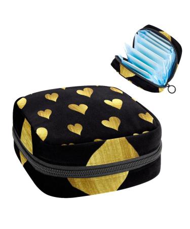 Golden Hearts Love Pattern Black Sanitary napkin Storage Pocket Feminine menstrual cup bags Still insert holder tampon pockets portable period pocket for women teen girls 1 piece multicolored 3