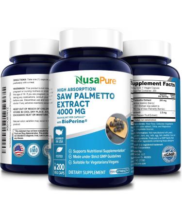 Premium Saw Palmetto Extract 4000mg 200 Capsules - Non-GMO, Gluten Free & Vegetarian with Bioperine by NusaPure - Buy Online on GoSupps.com
