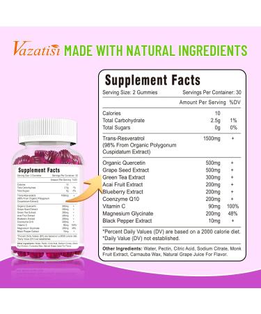 High Purity Resveratrol Gummies 98% Trans-Resveratrol with Quercetin Coq 10 Vitamin C Reservatrol Supplement for Antioxidant Anti-Aging 120 Gummies 60 Count (Pack of 2) - Buy Online on GoSupps.com