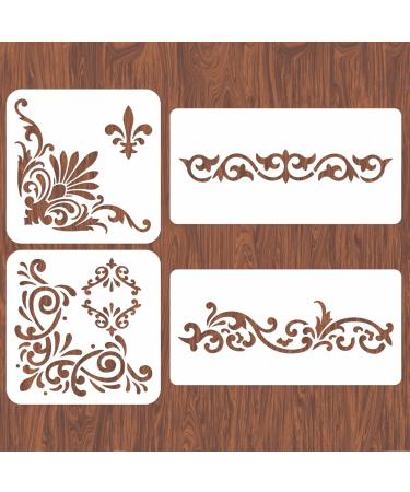 INFUNLY 4PCS Corner Stencils for Painting Flower Square Border Wall Stencil Large Pattern Tile Stencil Reusable DIY Art Craft Stencils Furniture Decor on Wood, Canvas, Paper, Fabric, Floor