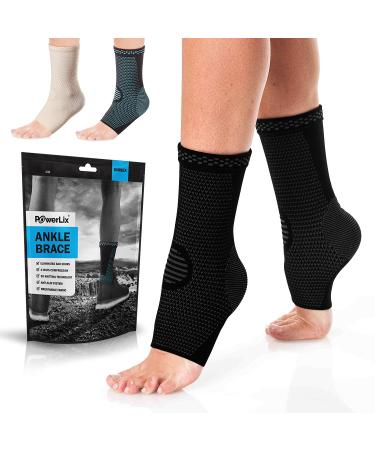 POWERLIX Ankle Brace Compression Support Sleeve (Pair) for Injury Recovery, Joint Pain and More. Achilles Tendon Support, Plantar Fasciitis Foot Socks with Arch Support, Eases Swelling Black Medium