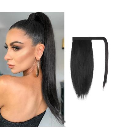 FESHFEN Straight Ponytail Extension 12 inch Pony Tails Natural Long Ponytails Wrap Around Clip in Hair Piece Synthetic Hairpieces for Women Girls Natural Black 12 Inch (Pack of 1) Natural Black-Wrap Around