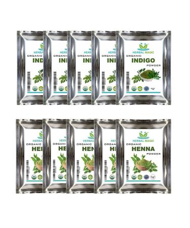 Herbal Magic Organic Henna Powder(500g)+ Organic Indigo Powder (500g) for Hair Dye USDA Chemical Free Hair Coloring Natural Hair Mask Combo Pack Premium Quality 100 g (Pack of 10)