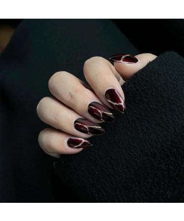 Shop Moguri Red Black Almond-Shaped Press On Nails | Elegant Artificial Nails with Golden Curved Line Design - Perfect for Weddings & Birthdays - Buy Online on GoSupps.com