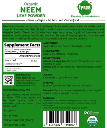 Iyasa Holistics USDA Organic Neem Leaf Super Greens Powder - 8 oz/ 226g - Purify Blood & Liver, Support Healthy Hair & Skin - Resealable Bag - Pack of 1 - Buy Online on GoSupps.com
