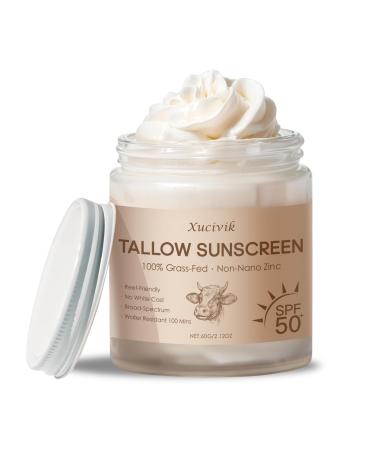 Beef Tallow Sunscreen SPF 50 100% Grass Fed Tallow and Non Nano Zinc Oxide Mineral Sunscreen for Face and Body Broad Spectrum UVA UVB Protection Reef Safe Water Resistant No White Cast Non Greasy 2oz