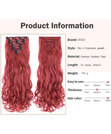 Curly Wavy Clip In Hair Extension Synthetic Matte Material 8 Pieces Clip In Hairpieces Fibre Set 24 Inch/60cm 140g Dark Red 24 Inch Dark Red - Buy Online on GoSupps.com