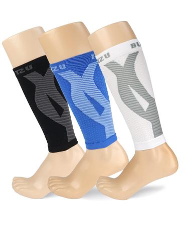 BLITZU 3 Pairs Calf Compression Sleeves for Women and Men Size L-XL, One Blue, One Black, One White Calf Sleeve, Leg Compression Sleeve for Calf Pain and Shin Splints. Footless Compression Socks.